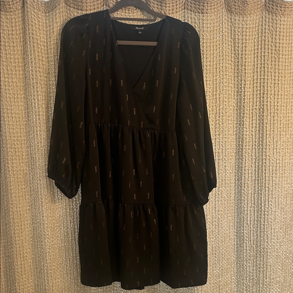 Madewell Black Long Sleeve Tiered Mini Dress with Subtle Gold Print